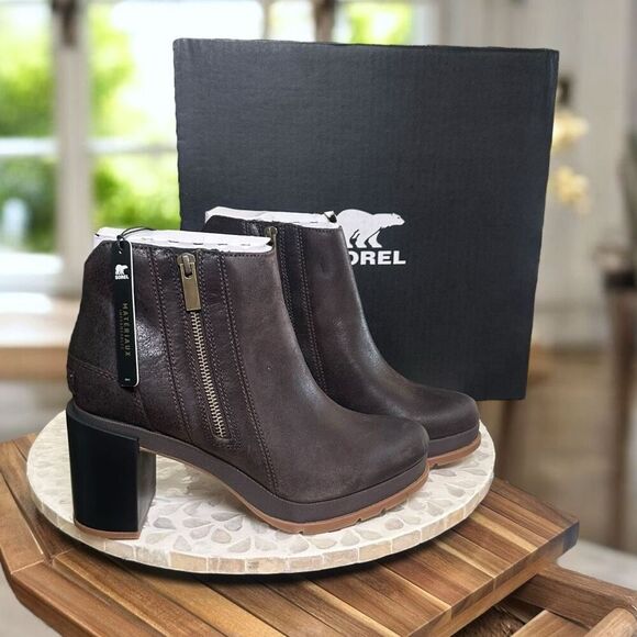 Sorel BLAKE WATERPROOF Blackened Brown Leather Block Heel Ankle Boots Women’s 8. - Picture 3 of 13